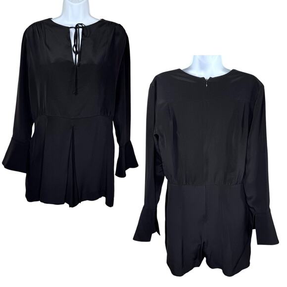 Derek Lam Black Silk Romper Long Bell Sleeve Keyhole Tie Front 6 NWOT - Picture 1 of 15